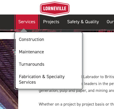 A screenshot of the navigation on Lorneville’s website